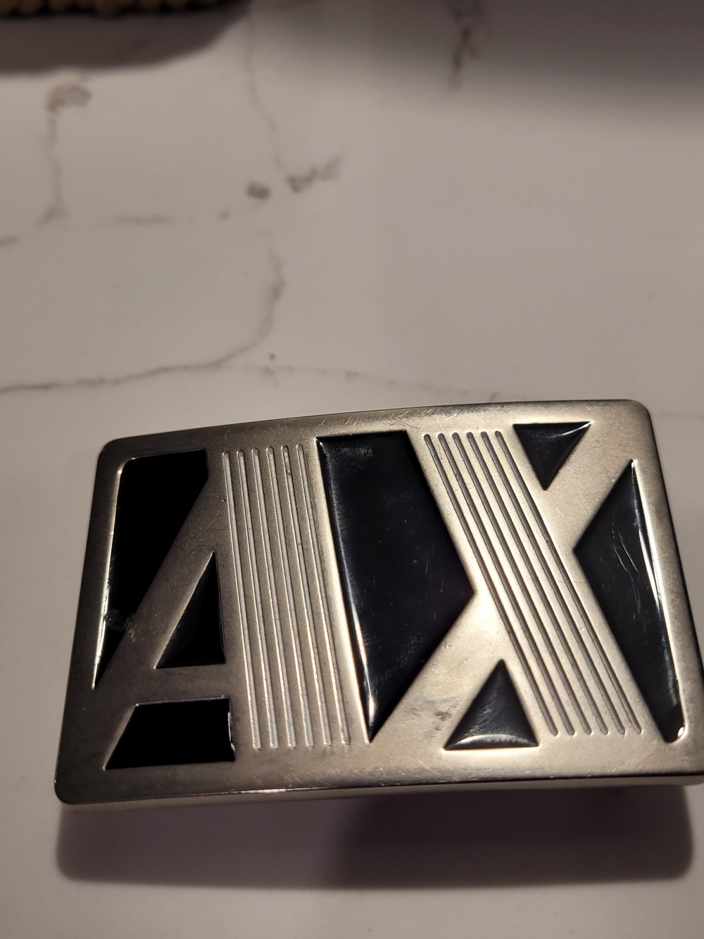 Y2K Men's Silver and Black Armani Belt Buckle - AX Style